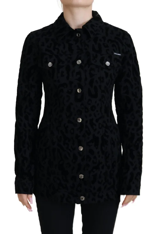 men's insulated denim jacketChic Leopard Pattern Denim Jacket