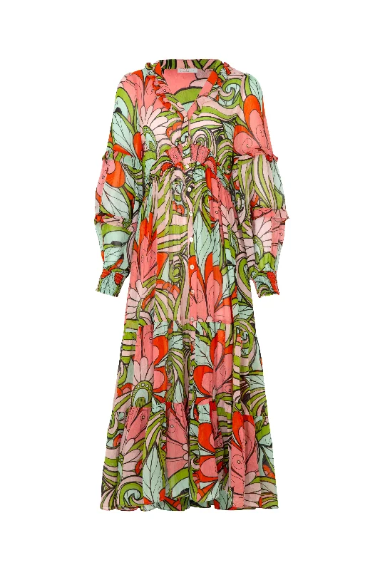 Women's Rounded-Neck DressesFlowers That Vee Peach Swirl LS Maxi Dress