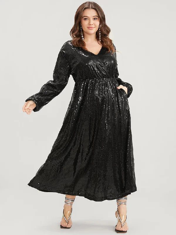 Women's Shift DressesSolid Lantern Sleeve Pocket Wrap Sequin Maxi Dress