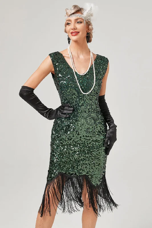 Women's Sporty SkirtsDark Green Sequined V-Neck Gatsby Dress With Fringes