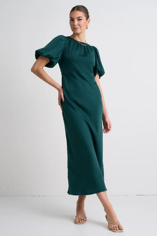 Women's Notched Collar DressesAstrid Forest Satin Puff Sleeve Bias Maxi Dress