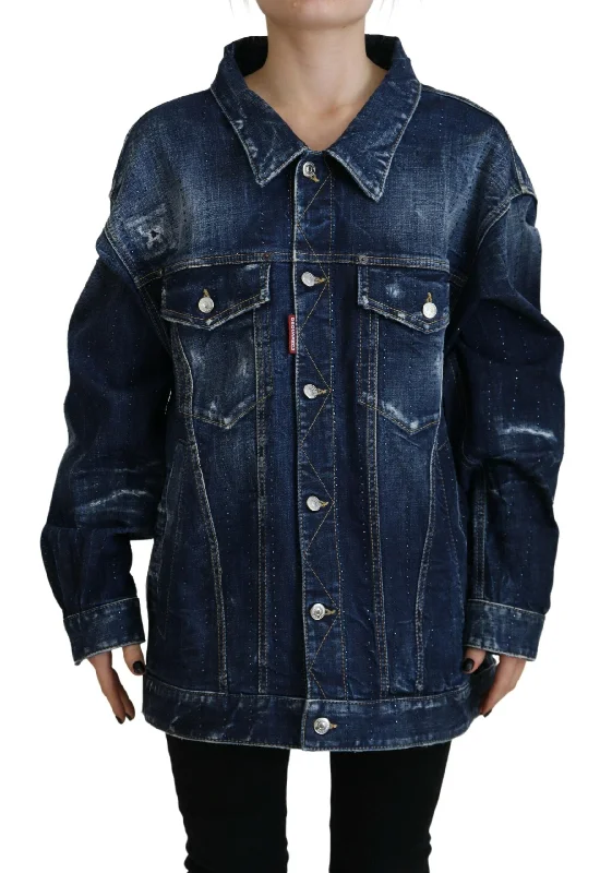 men's padded coat for cold weatherBlue Distressed Collared Denim Jacket