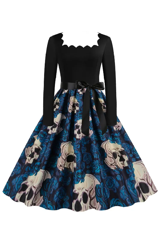 Women's High-Waisted SkirtsHalloween Blue Print Long Sleeve Vintage Dress