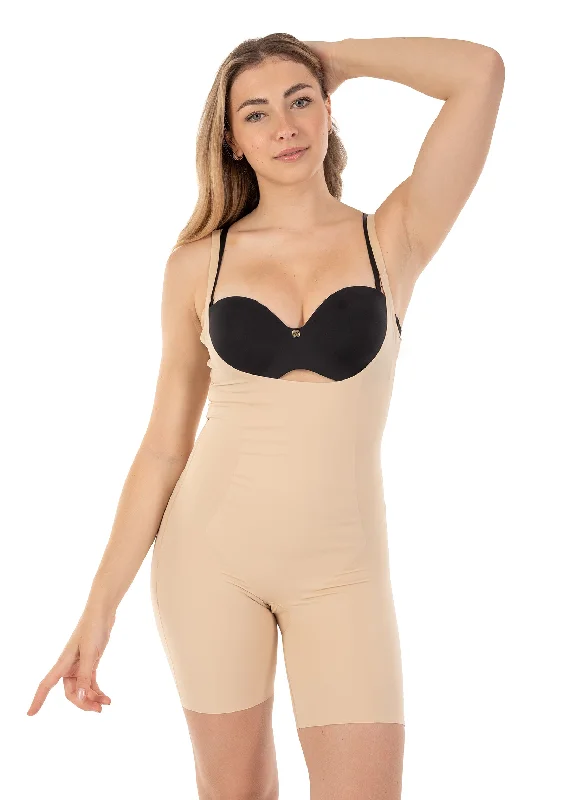 plus-size wireless brasOpen Bust Bodysuit Shaper with Targeted Double Front Panel Mid Thigh Shorts Nude