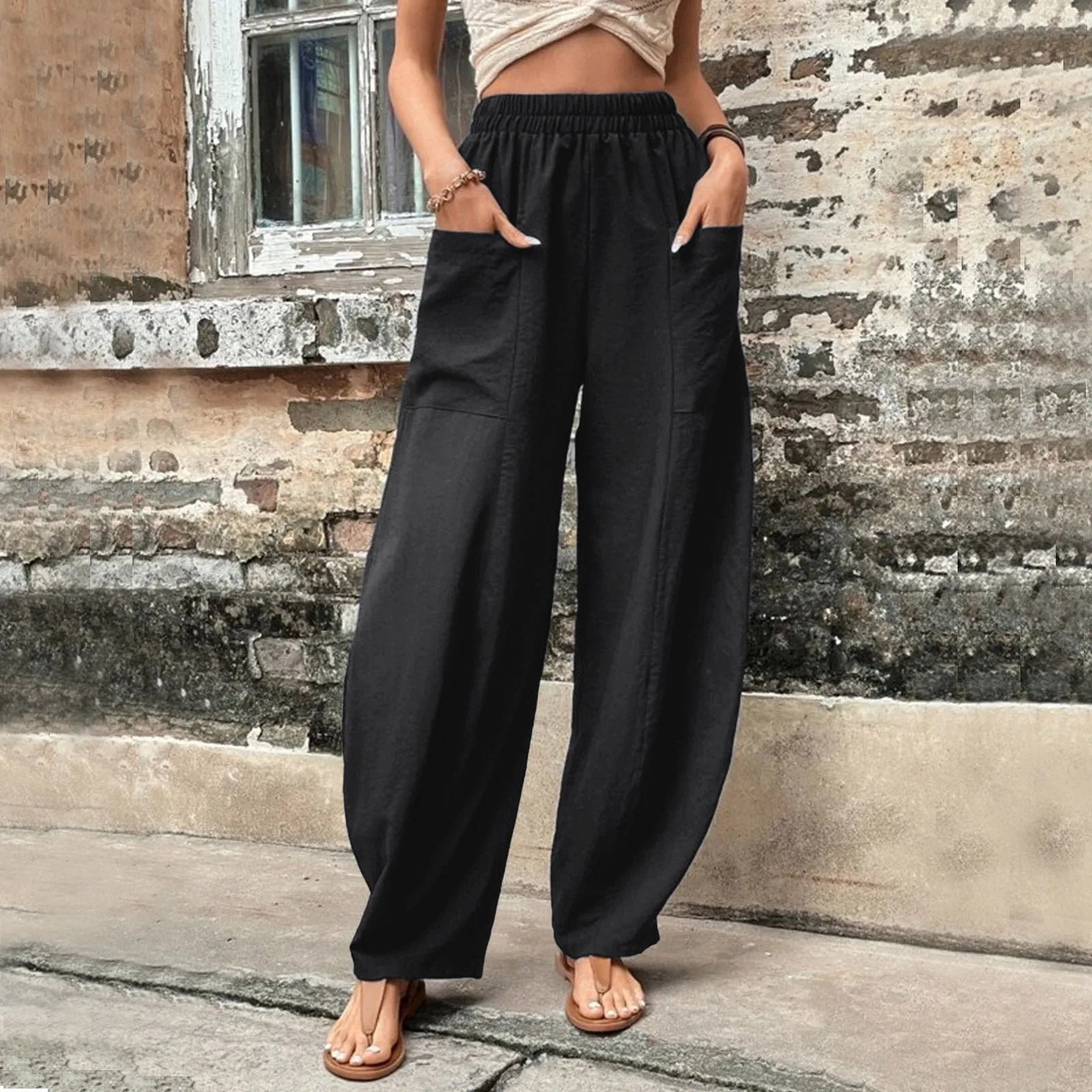 Women's Jodhpurs with Tapered LegColor Cotton Hemp Elastic Waist Wide-leg Pants