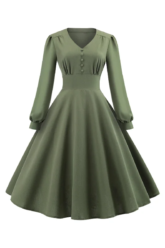 Women's Tiered SkirtsGreen V-Neck Long Sleeves Vintage Swing Dress