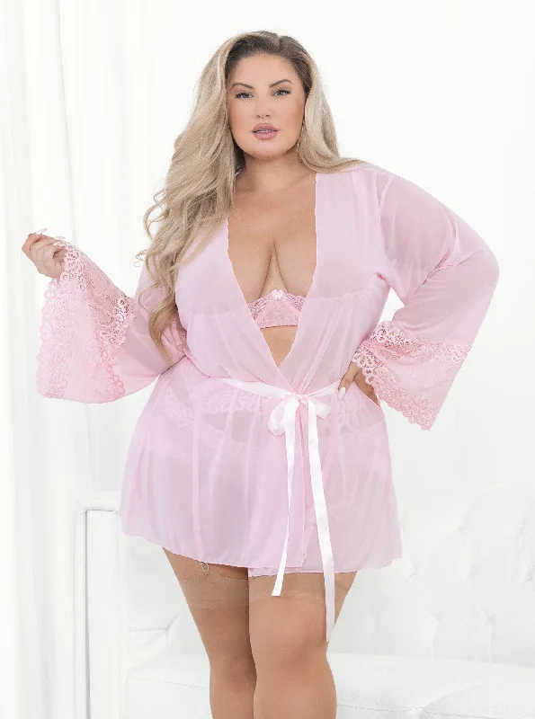 stretch lace bodysuitsEscante Queen Plus Mesh Robe Lace Trim Pink