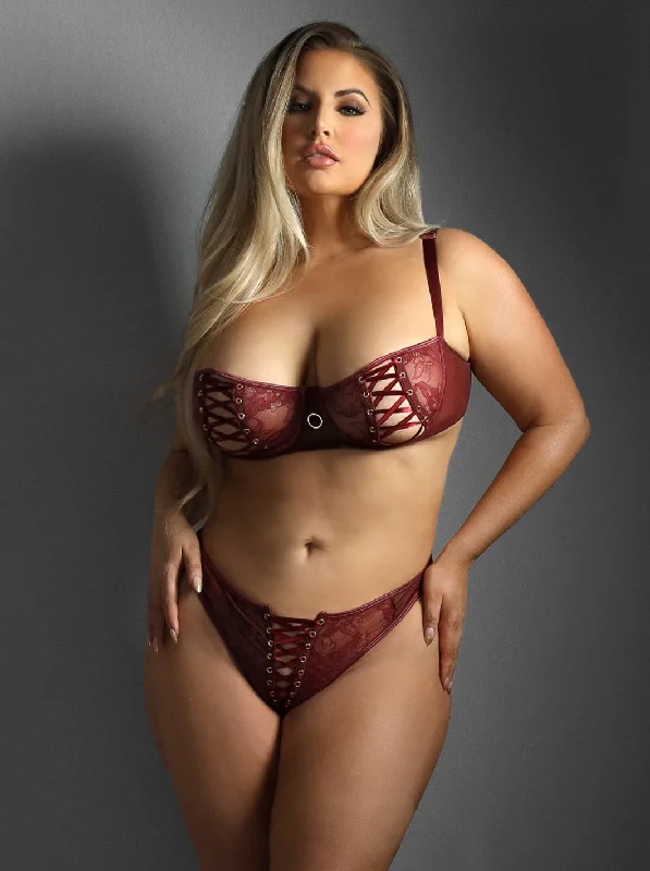 lace-trimmed sleep tank topsFantasy Lingerie Edge Queen Lace-up Balconette Bra Crotchless Panty Set Burgundy