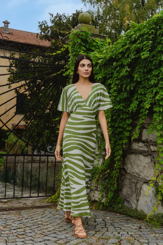 Women's U-Shaped Collar DressesAnticipate Green Zebra Kimono Short Sleeve Bias Maxi Dress