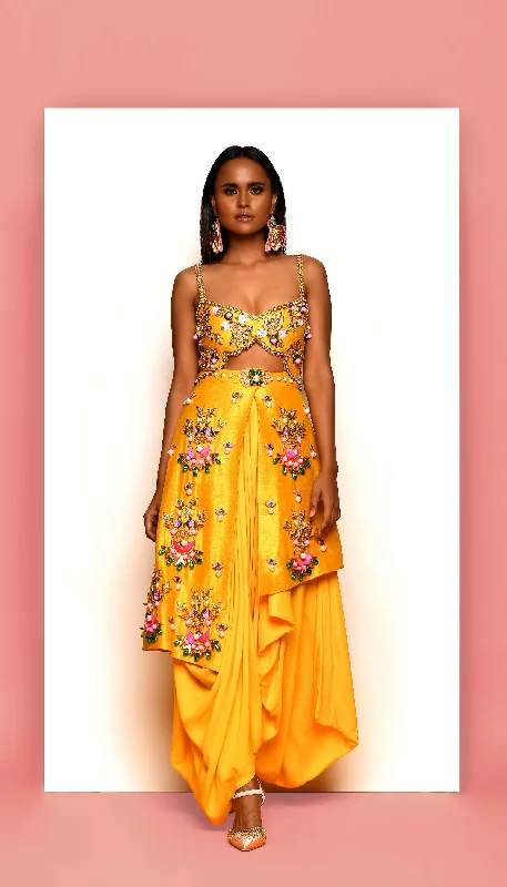 Women's Jumpsuits with Keyhole CollarBUGGERED - MUSTARD YELLOW EMBELLISHED DHOTI JUMPSUIT