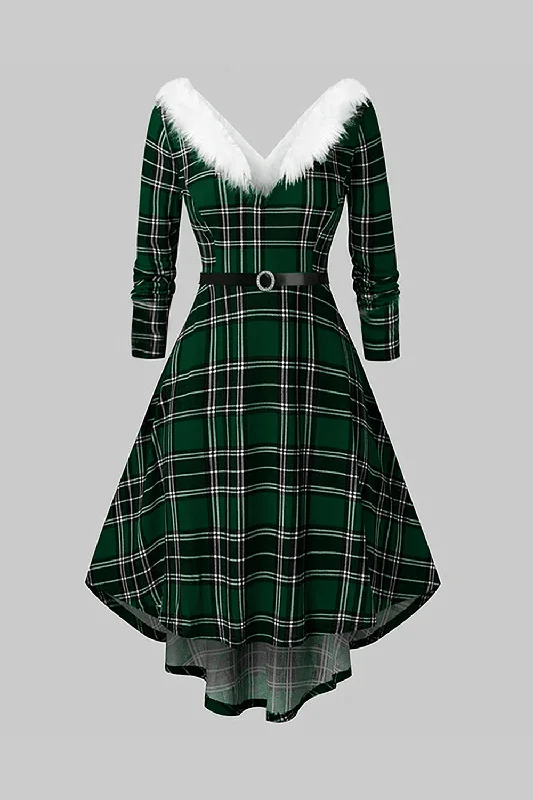 Women's Mandarin Collar SkirtsV Neck Green Plaid Christmas Dress with Fur Collar