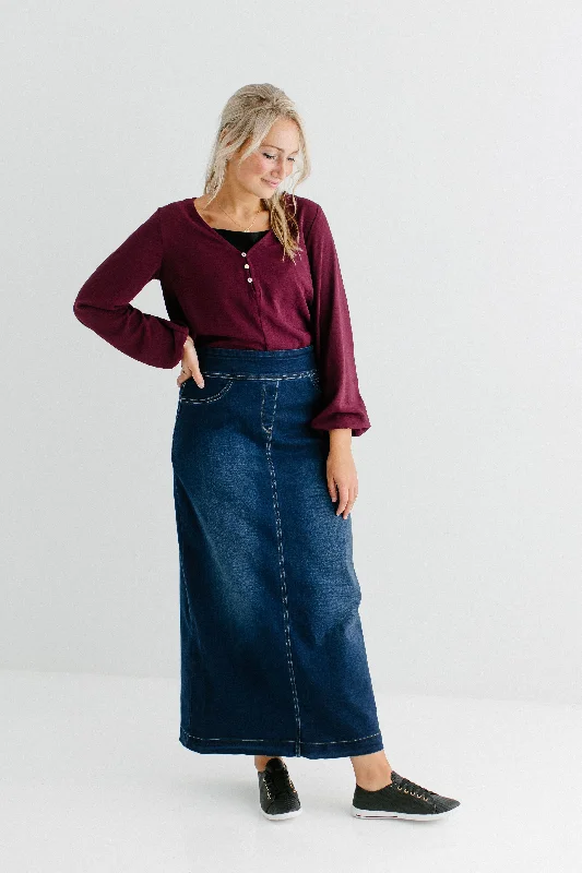 Women's Fringe Skirts'Sara' Classic Long Denim Skirt Dark Wash