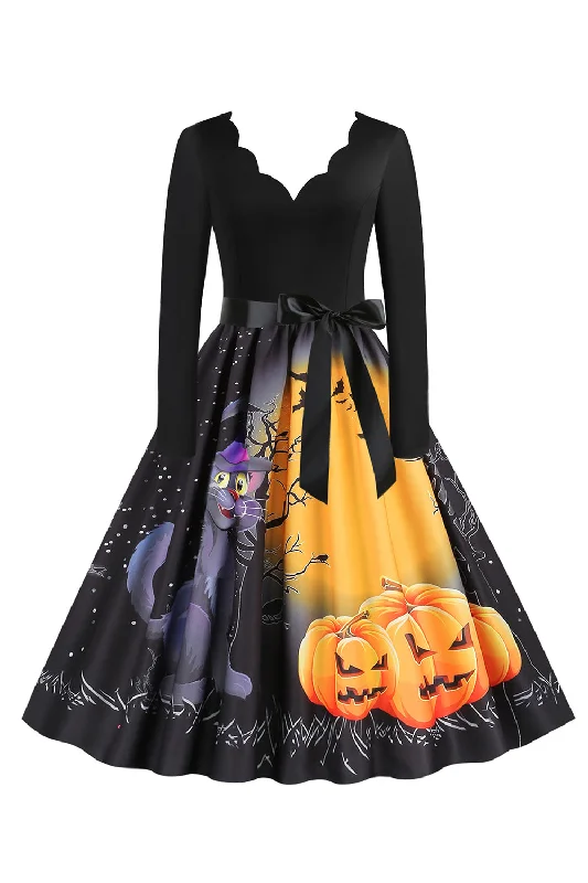 Women's Smooth SkirtsV-Neck Long Sleeve Jack-o-lantern Print Halloween Retro Dress