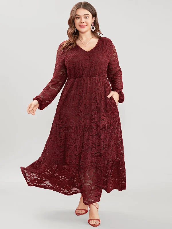 Women's Pleated DressesSolid Crochet Lace Lantern Sleeve Pocket Flutter Maxi Dress