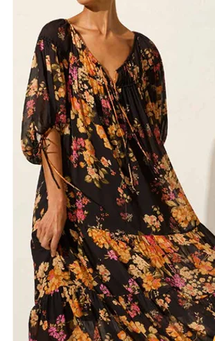 Women's Mandarin-Neck DressesAutumn Black Floral Mid Sleeve Maxi Dress