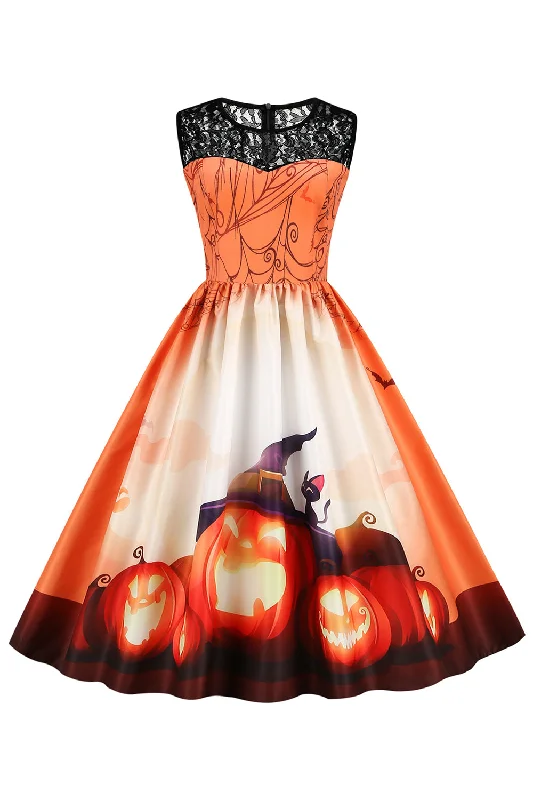 Women's Seamless SkirtsVintage Crew Neck Lace Panel Print Halloween Dress