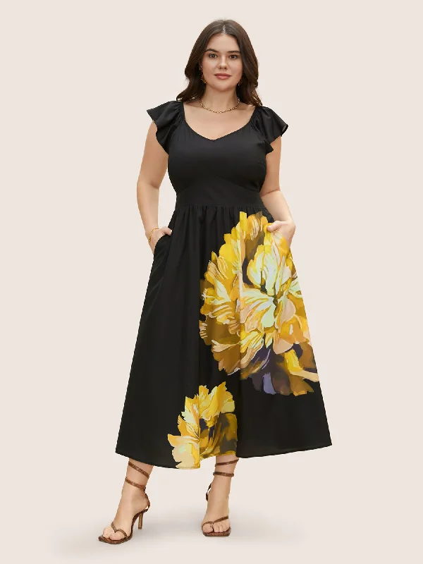 Women's Cap-Sleeve DressesCarnation Print Ruffle Cap Sleeve Maxi Dress