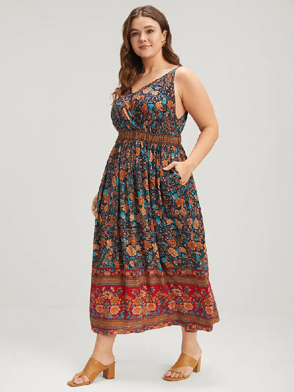 Women's Round-Neck DressesFloral Gathered Button Pocket Cami Maxi Dress