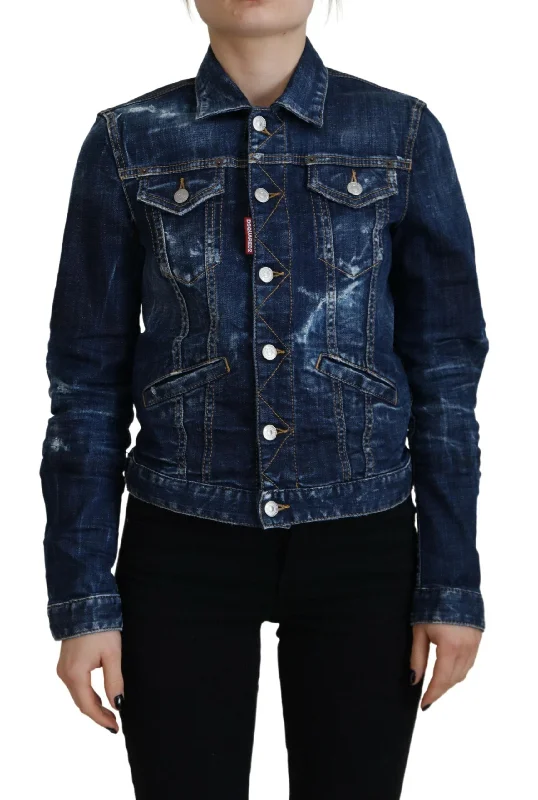 men's denim trucker jacketBlue Icon Printed Distressed Denim Jacket