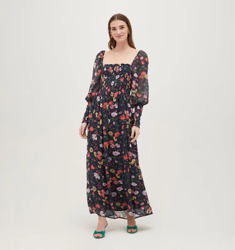 Women's Low Collar DressesThe Grace Maxi Nap Dress - Navy Peony Bouquet Georgette