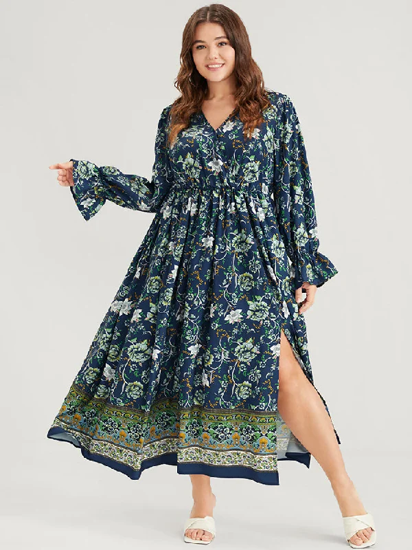 Women's Asymmetrical DressesFloral Lantern Sleeve Pocket Split Wrap Flutter Hem Maxi Dress