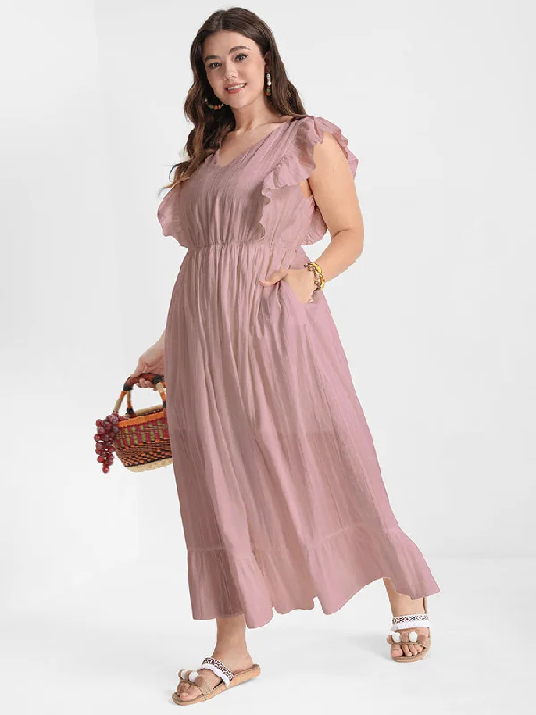 Women's Square-Neck DressesSolid V Neck Ruffles Split Pocket Maxi Dress