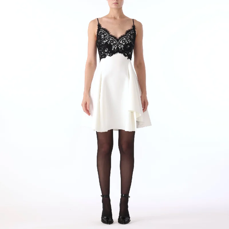 Women's Round-Neck DressesS/L BONDED CREPE MINI DRESS WITH CORDED BOUQUET LACE