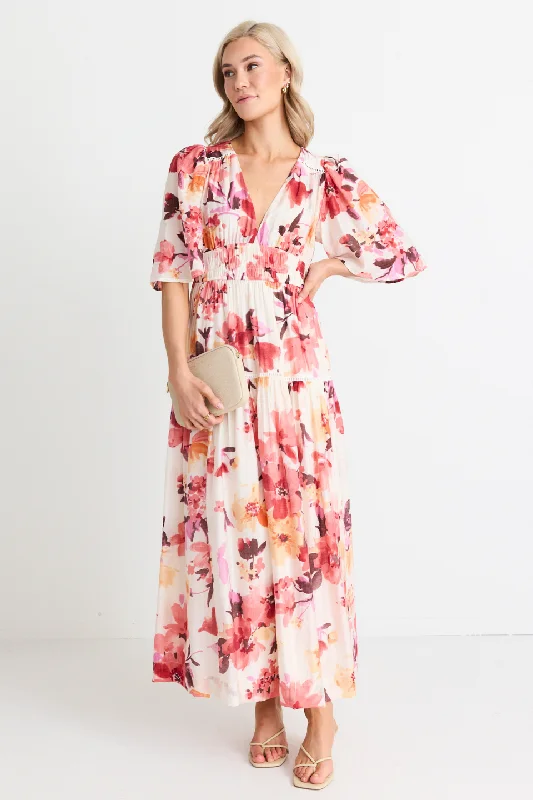 Women's Wide Collar DressesFluent Vintage Blush Floral Flutter Sleeve Tiered Maxi Dress