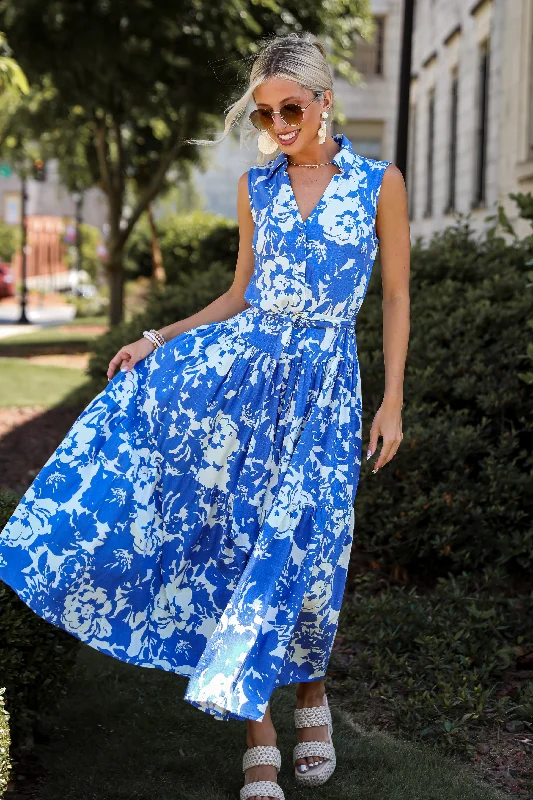 Women's Sweetheart-Back DressesCharming Pose Royal Blue Floral Linen Maxi Dress