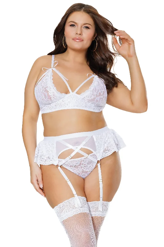 lace-trimmed chemise nightgownsCoquette Diva Peek-a-boo Lace Ruffle Hem Bra Set White