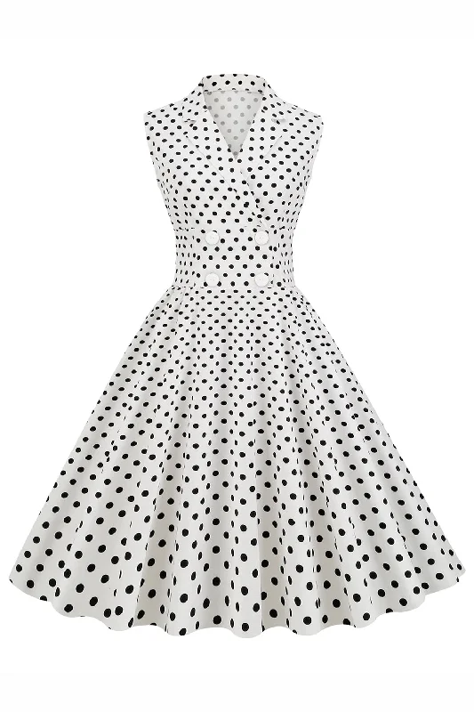 Women's Boat Hem SkirtsWhite Polka Dots Lapel Neck 1950s Dress