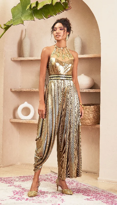 Women's Jumpsuits with V-Shaped HemAurelia - Metallic Gold Jumpsuit