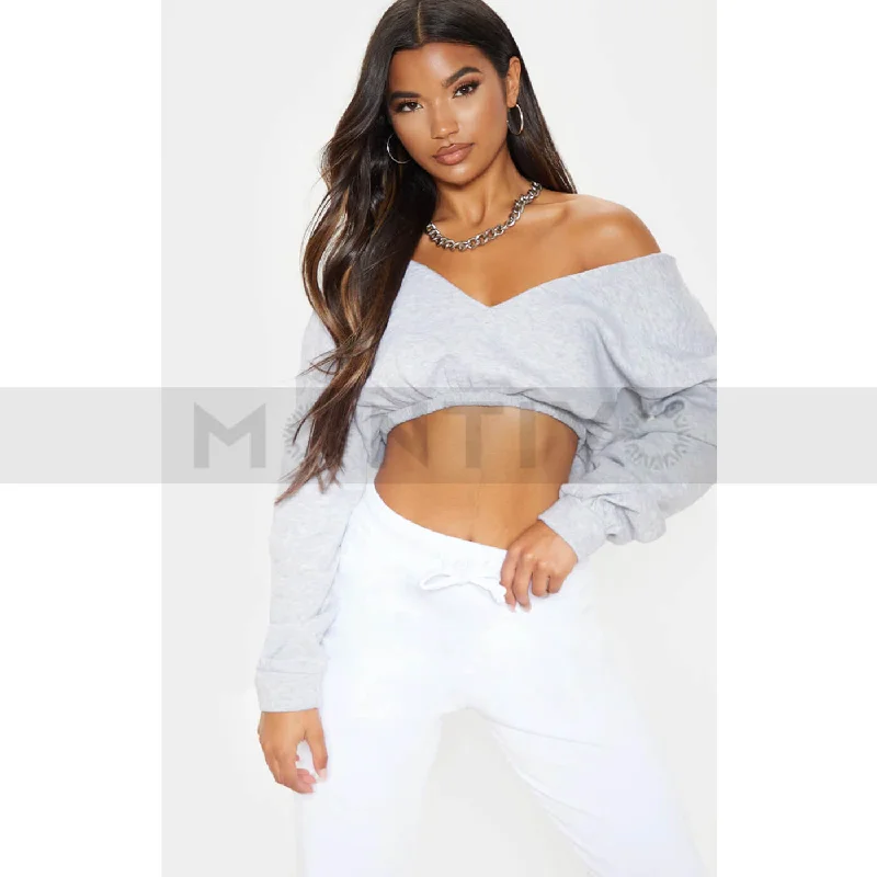 Men's oversized hooded sweatshirtPTL Grey Crop Off Shoulder Sweatshirt