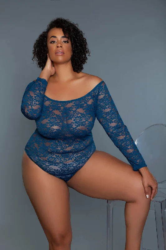 lace-trimmed sleep tank topsBeWicked Plus Size Queen Marina Bodysuit Deep Royal Lace