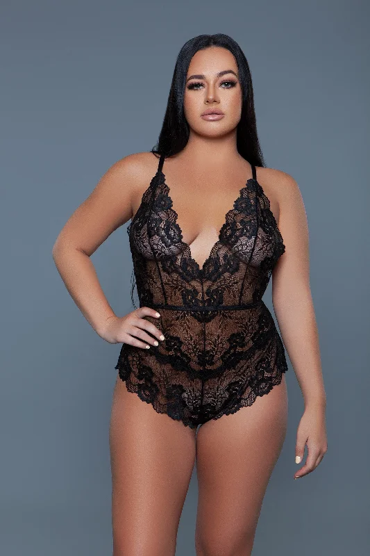 plus-size high-slit pantiesBeWicked Plunge Lace Teddy Jolene Bodysuit Black