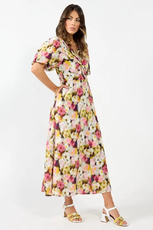 Women's U-Shaped Collar DressesHalo Pink Monet Puff Sleeve Maxi Dress