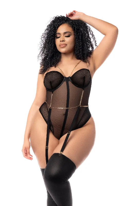 lace-trimmed sleep camisolesMapale Lingerie Queen Mesh Bodysuit w/Gold Chain Detail Black