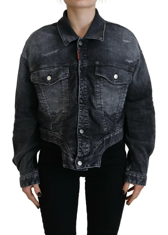 men's bomber jacket with patchesGray Washed Cotton Cropped Denim Jacket