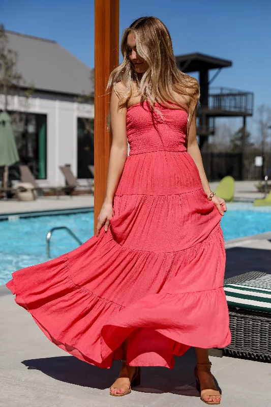 Women's V-Back DressesFINAL SALE - Getaway Mood Coral Strapless Tiered Maxi Dress - DU DEAL