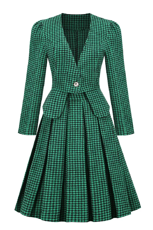 Women's Fashionable SkirtsA Line V Neck Green Grid Plaid Vintage Dress