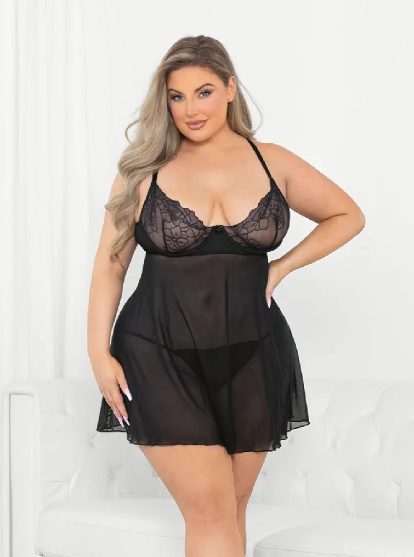 plus-size underwire demi-cups with lace trimEscante Queen Raised Embroidery Underwire Babydoll Black