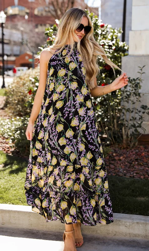 Women's Boat-Neck DressesFINAL SALE - Sunny Day Sweetie Black Floral Maxi Dress