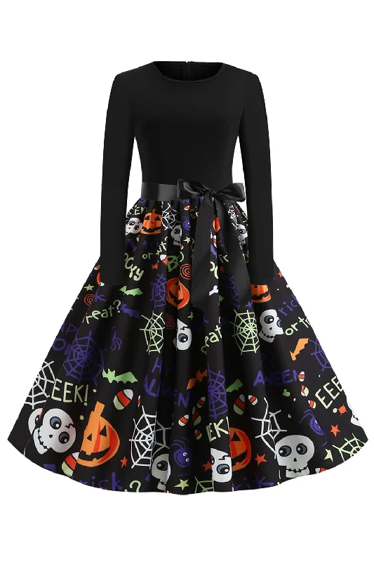 Women's Gathered SkirtsHalloween Print Long Sleeve Vintage Dress