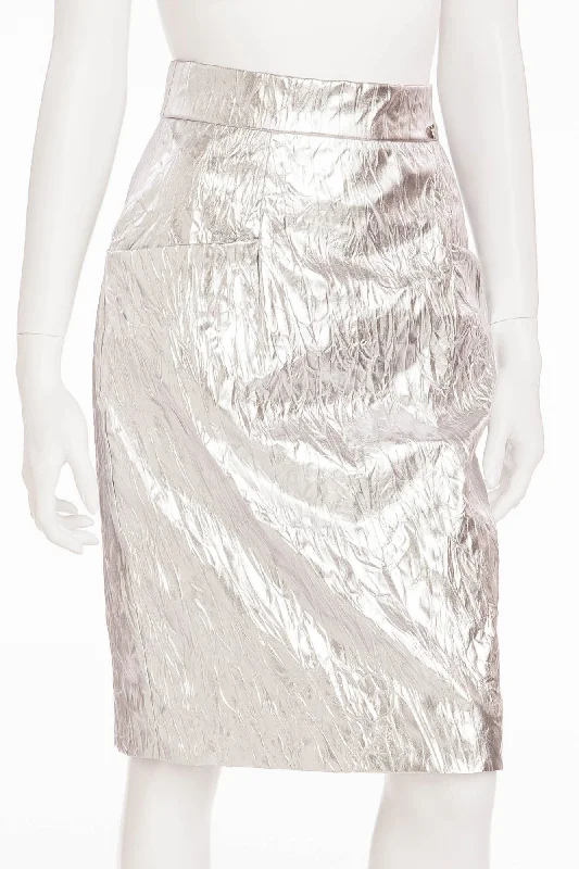 Women's Collarless SkirtsChanel - New with Tags Leather Crinkled Silver Pencil Skirt - FR 40