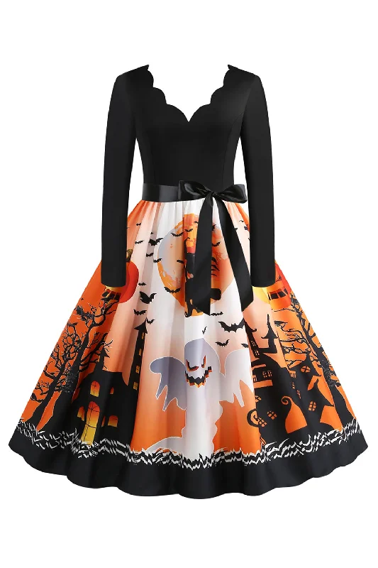 Women's Fashionable SkirtsV-Neck Printed Halloween Dress with Belt