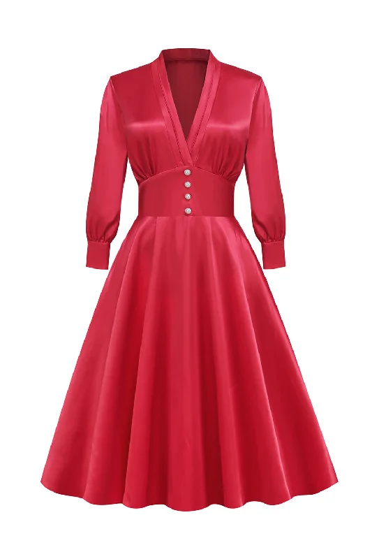 Women's Formal SkirtsRetro Style V Neck Vintage Dress with Long Sleeves