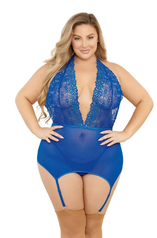 sports bras with mesh panelsEscante Plus Size Deep Front Halter Tie Bustier Stockings Set Blue