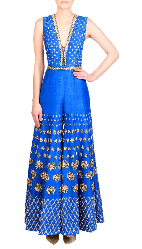 Women's Jumpsuits with U-Shaped CollarDIVA DREAMS - ELECTRIC BLUE EMBELLISHED JUMPSUIT