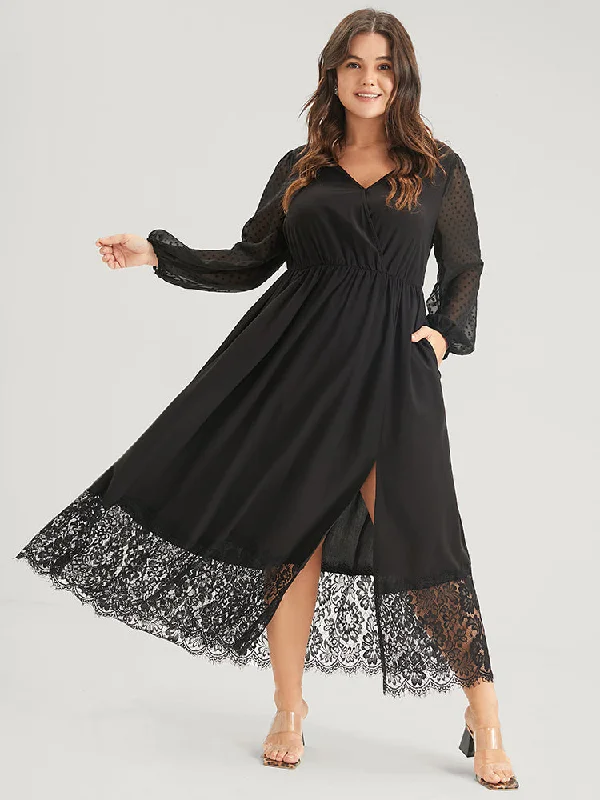 Women's High-Low DressesSolid Split Eyelet Lace Belted Pocket Button Wrap Maxi Dress