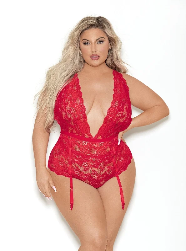 body-hugging shapewear briefsEscante Queen Euphoria Deep V Lace Teddiette Teddy w/Open Crotch Red